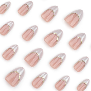 Uñas Postizas Francesas Almond Press On, Blancas y Rosas Brillantes, con Diseño de Hoja de Oro, Uñas Cortas de Uso Temporal - Product Image 4