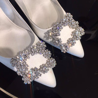 Escarpins à talon aiguille en satin ivoire avec strass et boucle carrée, bout pointu, à enfiler, pour femme, grandes tailles 33-42, chaussures de mariée