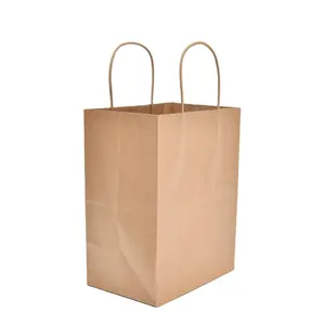 Vente en gros de sacs en papier kraft brun Sac cadeau en stock avec impression personnalisée Sac de restauration rapide à emporter avec poignée torsadée