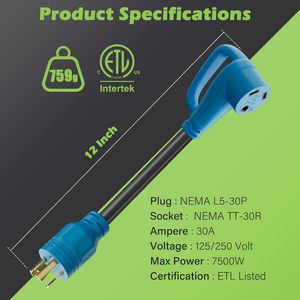 NEMA L5-30P <span class=keywords><strong>Twist</strong></span> Khóa Nam để NEMA TT-30R nữ với xử lý cho máy phát điện để RV Trailer Camper / STW <span class=keywords><strong>3</strong></span> * 10awg màu xanh - Product Image 3