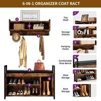 Armoire murale rustique en bois brun avec étagère, banc à chaussures, 7 crochets, étagère à 3 niveaux et compartiments, gain de place, meubles pour le salon, l'entrée