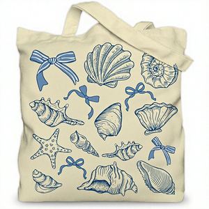 Sac fourre-tout esthétique en toile pour femme avec poche intérieure, sans fermeture, en tissu de coton non doublé, imprimé coquillages et étoiles de mer - Product Image 1