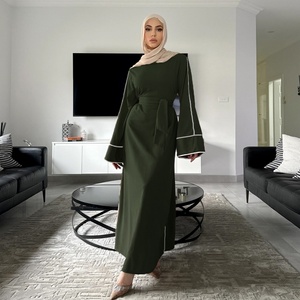 Abaya Maxi d'été de couleur unie, de haute qualité, en tissu Nida, à porter au quotidien, avec passepoil blanc pour femmes musulmanes 6472 # - Product Image 2