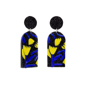 Orecchini Angelina a Forma di Lampadario Dipinto, Design Astratto Nero Blu Giallo, Gioielli da Festa per Donne - Product Image 1