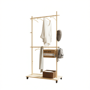 Perchero de madera maciza moderno Db de 2 niveles con estante ajustable y ruedas para almacenamiento en el dormitorio - Product Image 1