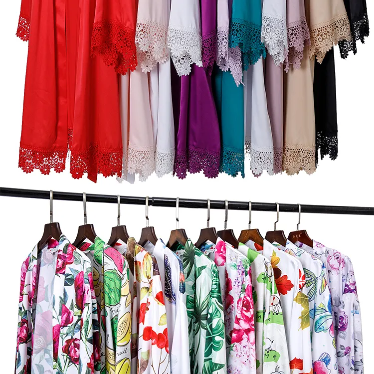 Custom blank lace print floral longue satin silk bridesmaids kimono robes self tie girl night dress women robe