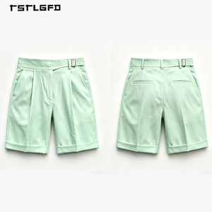 Pantalones Cortos de Traje Plisados Verde Menta para Hombre, de Cintura Alta con Ajustadores Laterales y Dobladillo con Vuelta, Estilo Old Money, de Lujo para Resort, Verano, Corte Entallado - Product Image 1