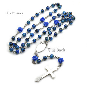 Collier chapelet rose bleu roi avec pendentif croix en alliage de zinc, bijou cadeau pour fête - Product Image 3