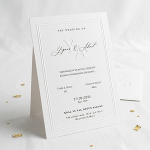 Carte d'invitation de <span class=keywords><strong>mariage</strong></span> de luxe <span class=keywords><strong>en</strong></span> papier de coton texturé blanc avec monogramme <span class=keywords><strong>en</strong></span> relief, manchon <span class=keywords><strong>en</strong></span> mousseline avec nœud, double bordure, impression personnalisée - Product Image 4