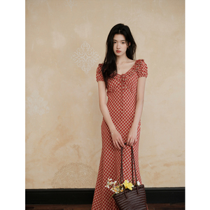 Stile cinese taglio diagonale cotone <span class=keywords><strong>lino</strong></span> a scacchi con scollo a V rosso a coda di pesce <span class=keywords><strong>abito</strong></span> lungo fino a terra per le donne naturale vita tinta tinta - Product Image 4