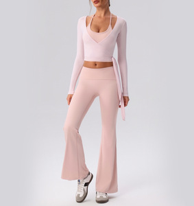 Wholesale Wrap-Style <b>Long</b> <b>Sleeve</b> Women's Yoga Set Tie-Up <b>Top</b> Breathable Four-Way Stretch Sportswear High-Waist Fitness Wear - Product Image 4