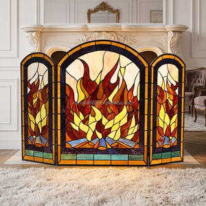 Paravent de cheminée en vitrail, 3 panneaux, motif flamme, verre décoratif traditionnel, pour salon, autoportant, forme cathédrale - Product Image 1