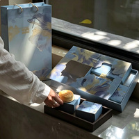 Coffret Cadeau Rigide Bleu de Luxe Écologique Fait Main pour Vin en Poudre avec Plateau Intérieur à 8 Compartiments Motif Nuage de Ginkgo Fermeture Magnétique