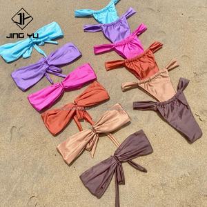 Trajes de Baño de Diseño Personalizado 2024, Bikinis Marrones de Nailon y Elastano de Fábrica, Bikini con Logotipo Personalizado, Bandeau y con Cordones - Product Image 1