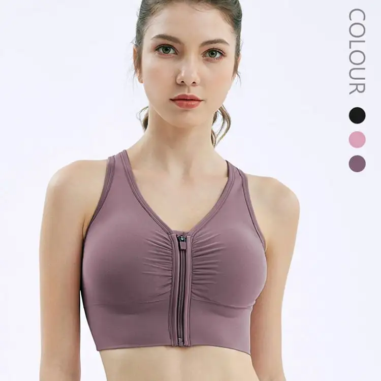 Custom Cheap Comfortable Bright Colour Adjustable Bra Women Yoga Cross Back Yoga Bra Front Zipper Bra Top Sexy For Yoga