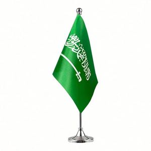 Wholesale Custom Stick Small <b>Mini</b> Saudi Arabian <b>Desk</b> Flag Set Saudi Arabia Office Table Decoration Flag With Stick and Base - Product Image 3
