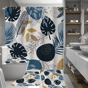 Rideau de douche en polyester à motif de feuilles tropicales bleues, rideau de salle de bain, impression numérique, impression personnalisée, imperméable, vente en gros, moderne - Product Image 3