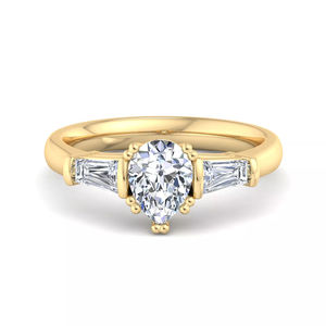 custom Timeless Vintage Three Stone Engagement <b>Ring</b>, Solid 18K White Gold Pear Cut Lab Diamond with Tapered Baguette Accents - Product Image 5