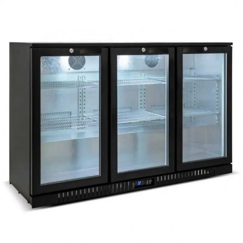 Refrigerador de cerveja sob o balcão, ventilador de aço inoxidável com barra traseira, vidro de 3 portas