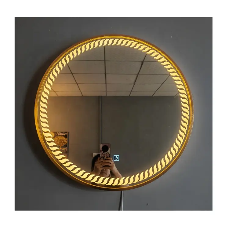 Оптовая продажа, Золотое круглое светодиодное зеркало с алюминиевой рамкой, диммер, дефоггер, зеркало для ванной комнаты со светодиодными лампами