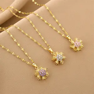 Minimalist Stainless Steel Lip Chain Necklace Multi Color Rhinestone Necklace Spinner Rotatable Snowflake Pendant Necklace