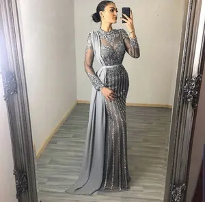 Màu Xám Cổ Cao Tay Áo Dài Vỏ Bọc Đính Cườm Ren Dịp Đặc Biệt Dresses Evening Gowns