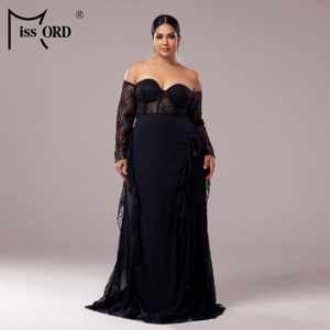 Abiti da sera neri sexy da donna con spalle scoperte, <span class=keywords><strong>motivi</strong></span> a contrasto in <span class=keywords><strong>pizzo</strong></span>, bordo arricciato e spacco sulla coscia, perfetti per feste - Product Image 5