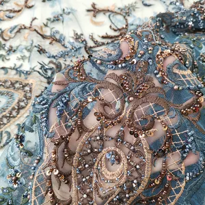 Großhandel stickereispitze stoff blau-Neuankömmling Marineblau Farbe Schwere Perlen Handarbeit Stickerei Spitze Stoff für Kleid Luxus nigerian ischen Braut Brautkleider Material