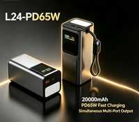 Batterie externe portable en alliage d'aluminium 20 000 mAh avec charge rapide PD 65W, écran numérique TFT et lumière LED, entrée/sortie Type-C