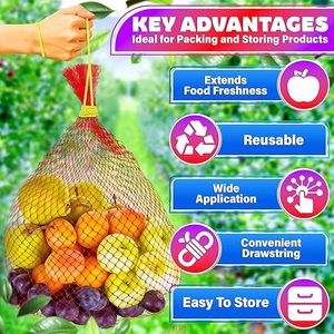 100 sacs en filet de nylon réutilisables, sacs de rangement en filet rouge de 24 pouces pour fruits, légumes, oignons, pommes de terre, ail - Product Image 6