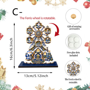 Figurine de village de Noël en bois avec grande roue et carrousel rotatif, ornement lumineux pour décoration de bureau de fêtes - Product Image 6