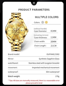 Montre homme OUPINKE 3302, luxe, haute qualité, mécanique, acier tungstène, étanche 50m, cadeau pour homme, montre porte-bonheur - Product Image 2