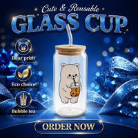 Gobelet en verre de haute qualité avec couvercle en bambou et paille, motif ours de dessin animé mignon, réutilisable pour café glacé et bubble tea