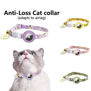 Cute Printed Polyester Ribbon Quick Release Buckle Adjustable Airtag Cat Kitten Collar With Small Bell And Flower