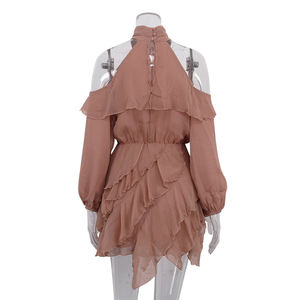 Robe courte en mousseline de soie à volants, col halter, épaules dénudées, T-1223, robes décontractées d'été pour femmes - Product Image 5