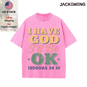T-shirt Oversize Rosa Lavato con Scritta 'I HAVE GOD I'LL BE OK', Stile Streetwear Retrò, Maglietta Hip Hop a Maniche Corte, Disponibile all'Ingrosso dal Magazzino Locale USA - Product Image 3