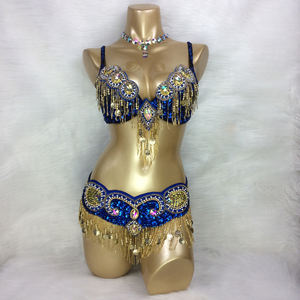 סט תלבושות לריקודי בטן עם חרוזים בעבודת יד חזייה+חגורה 3 חלקים פוליאסטר בגדי ריקוד לנשים - Product Image 1