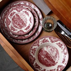 Piatto di <span class=keywords><strong>ceramica</strong></span> rosso reale rotondo artisti stoviglie set stoviglie stoviglie per uso domestico - Product Image 5