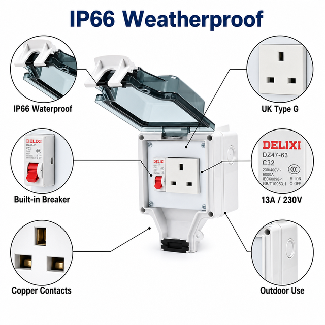 IGERCN Brand IP66 Weatherproof Copper Wall Switch Socket 1gang 230V/13A UK Outdoor Industrial & Hospital Use IG86LP-S