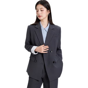 Women's Double-Breasted Suit Set Solid Color Polyester Anti-Wrinkle Casual Work Wear - Product Image 5