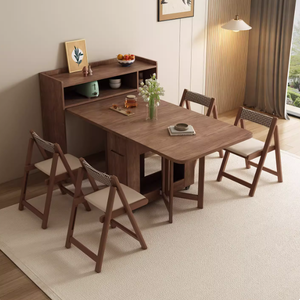 Solid Wood Log Style Foldable Retractable Rectangular <strong>Dining</strong> Table <strong>Set</strong> for <strong>Small</strong> Apartment Modern Simple Movable Home Use - Product Image 1