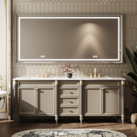 Meuble-lavabo rétro français avec double vasque, 60-92 pouces, en bois massif, autoportant, avec miroir LED intelligent et armoire