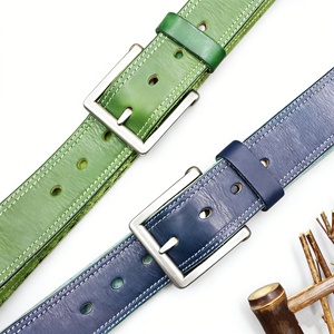 Nouvelle ceinture décontractée rétro pour homme en cuir véritable pleine fleur vert-bleu, avec double sangle et boucle ardillon en alliage, haute qualité - Product Image 4