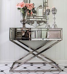 Table console de couloir avec miroir, base en acier inoxydable <span class=keywords><strong>Xavier</strong></span>, 2 tiroirs - Product Image 1