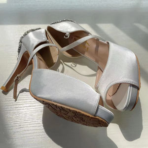 Sandalias de Tacón de 8.5cm con Cristales de Lujo para Mujer, Tela Satén, Color Marfil, Zapatos de Novia con Cristales - Product Image 6