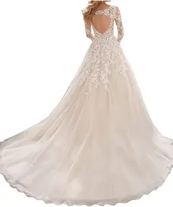 Factory Supplier Long Lace Wedding Dress V Neck French Tulle Lace Wedding Evening Dresses Long Sleeve Hollow Wedding Dresses
