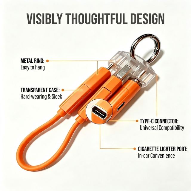 240W Five in One Keychain Data Cable, Type-C Blowing Cigarette Lighter Multifunctional Mobile Phone Charger