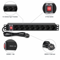 Fournisseur OEM ODM – Unité de distribution d'alimentation (PDU) 19 pouces à 8 prises de type allemand, montable en rack, avec interrupteur maître pour armoire réseau