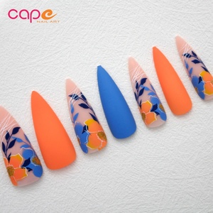Ongles à presser longs et pointus avec motifs de feuilles et de fleurs colorées, 24 pièces/boîte, accessoires inclus pour utilisation sur les doigts - Product Image 2