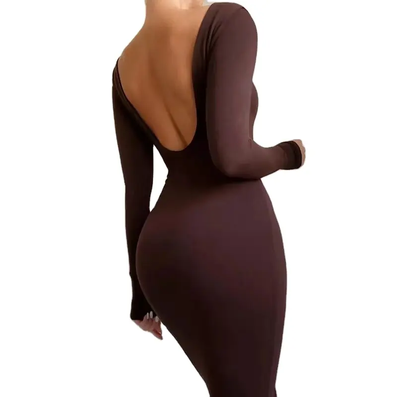 Backless Maxi elbise desen uzun kollu ekip boyun kadınlar Bodycon nedensel elbise